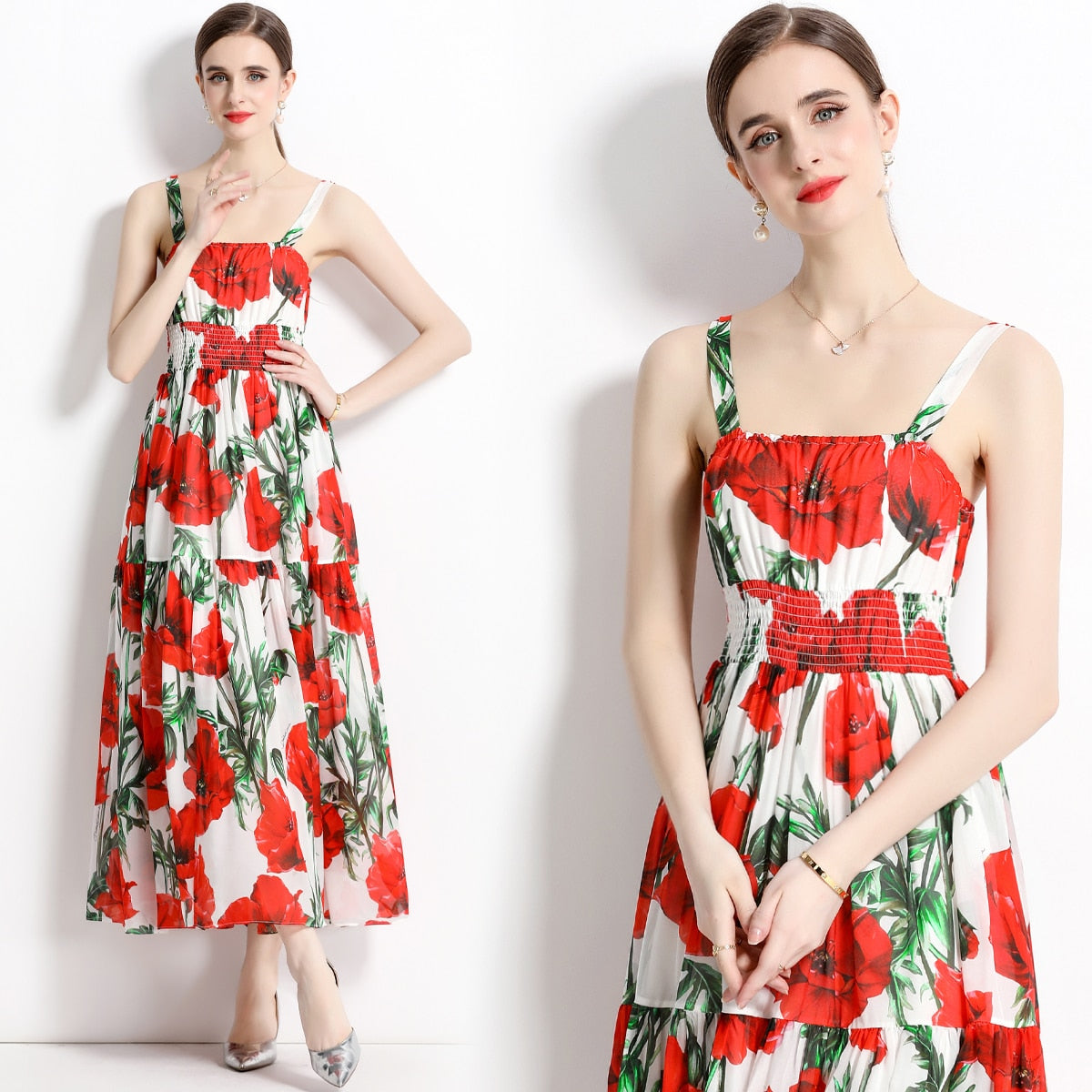 nvxiot Runway Dress Women Summer Flower Dresses Female Beach Straps Ruffles Sundress Lemons Fruits Print Floral Maxi Dress