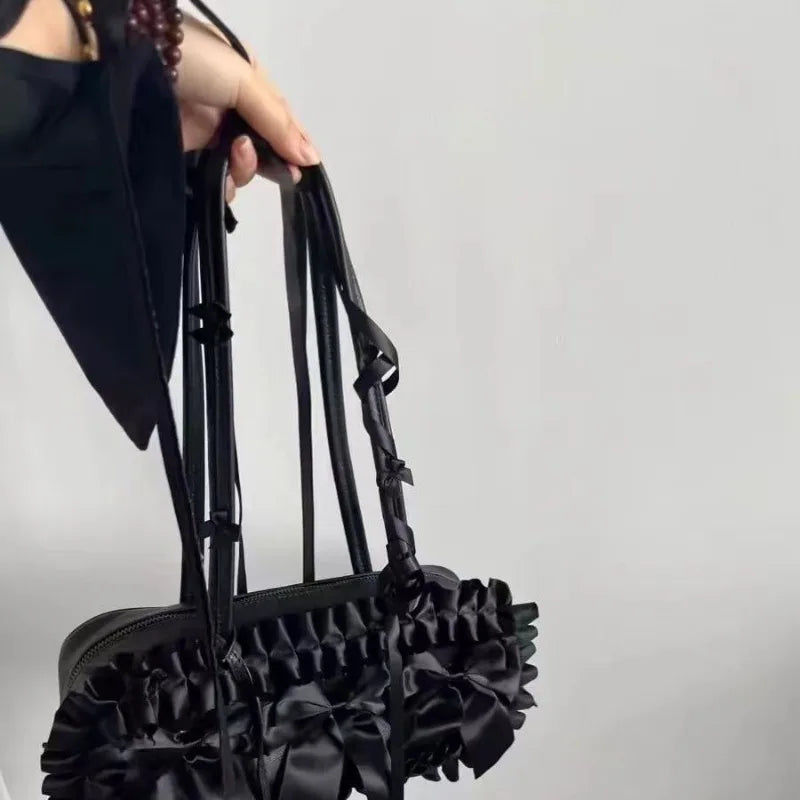 nvxiot - Pure Black Handbags for Women Elegant Y2k Fashion Bow Casual Shoulder Bag All-match Luxury Designer New Ladies Boston Bag