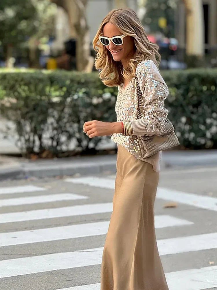 MQTIME - Women V Neck Glossy Sequins Knitted Sweater Fashion Casual V-neck Long Sleeve Pullover Top Female Fall Winter Lady Street Jumper