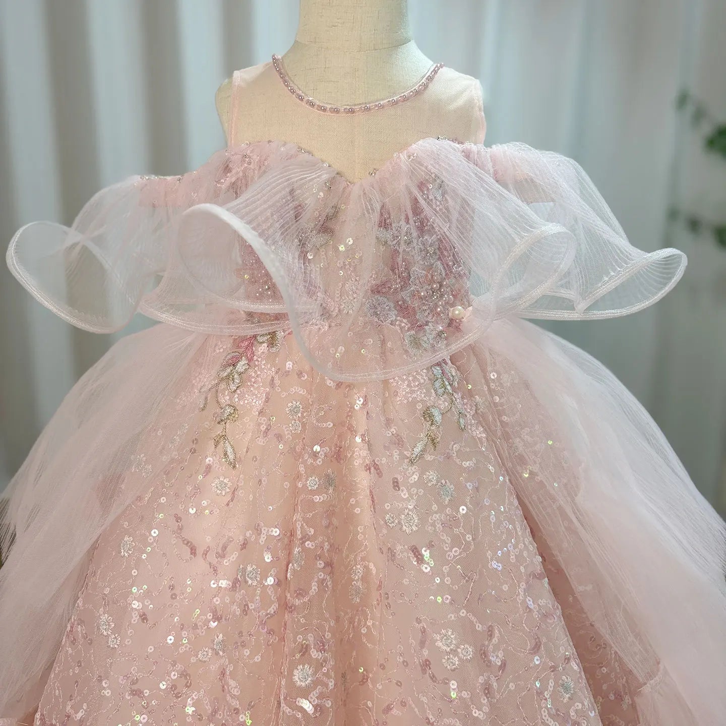 MQTIME - Sparkly Arabic Pink Girl Dress Beaded Pearls Dubai Kids Princess Birthday Wedding Party Ball Formal Gown 2024 J047