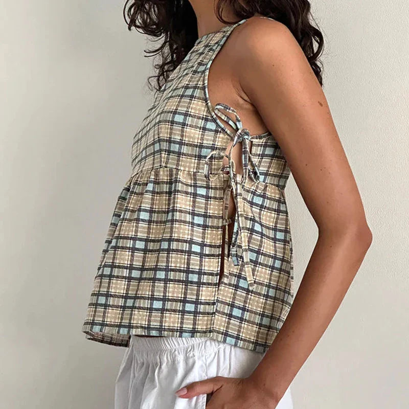 MQTIME - Cottage Plaid Cut Out Side Tie Up Vest Fairycore Vintage Y2K Milkmaid Camis Women Loose Sleeveless Crop Top Holiday