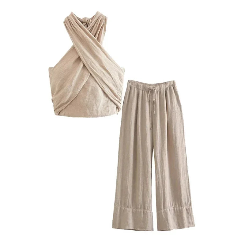 MQTIME - Casual Halter Tank Top Pants Set Women Sexy Sleveless Backless Cropped Top Drawstring Wide Leg Trouser 2024 Summer Women's Suit