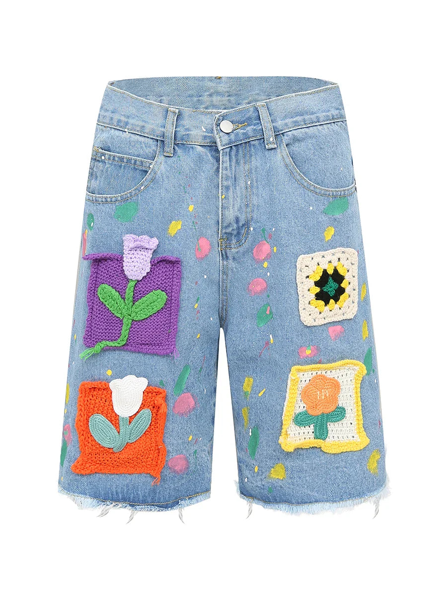 nvxiot - Knitted Floral Denim Short Pants Female Summer New Loose Casual Pants Tassel Design Vintage Fashion Short Para Mujeres