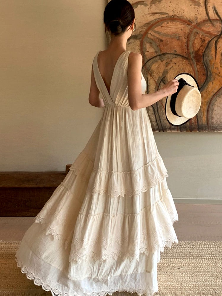 nvxiot Elegant Chic Tiered Maxi Dress V-neck Backless Rayon Beige Summer Lace Ruffles Holiday Women Casual Ladies Dresses New