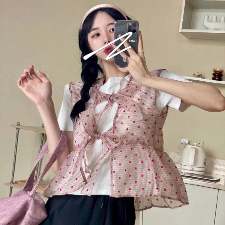 nvxiot - Polka Dot Gauze Tops Lace Bow Design Waistcoat White Short-sleeved T-shirt Fold Wear Tees Summer Sweet Fashion Camisas