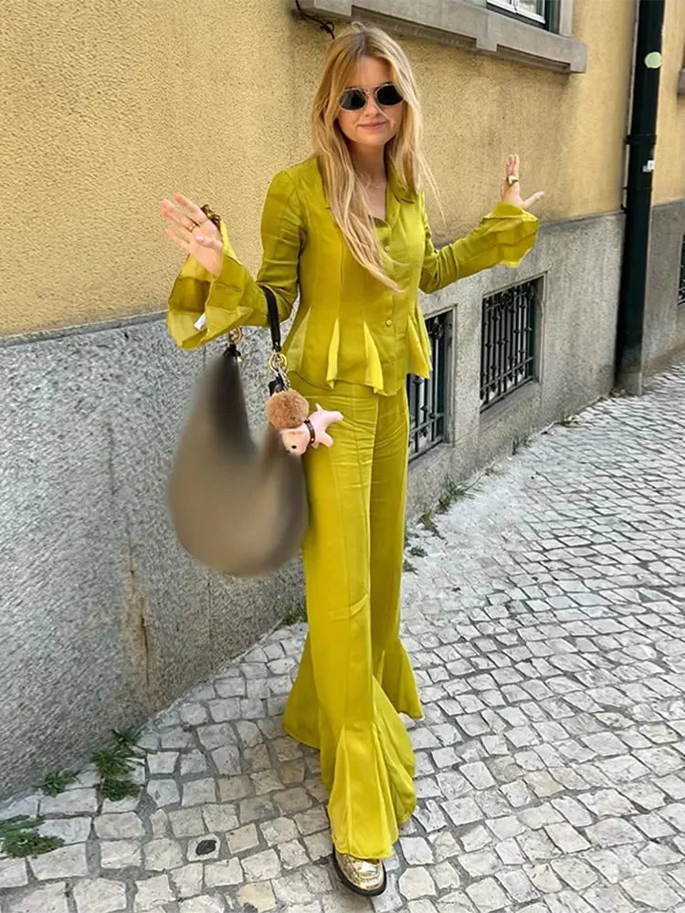 nvxiot - Elegant Solid Trumpet Pants Shirt Set Women Fashion Lapel Buttons Flared Long Sleeves Shirt Pants Suit Chic Lady Street Outfits