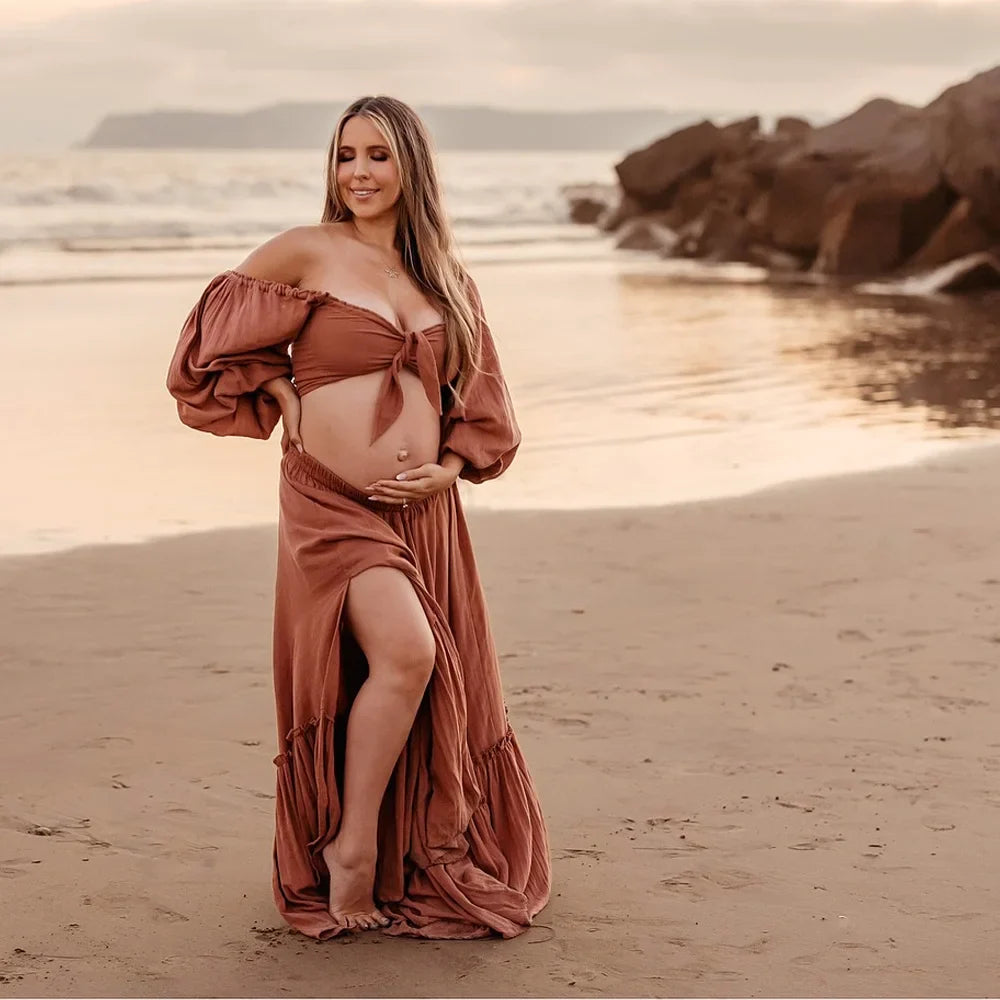 nvxiot - Maternity Dresses For Baby Showers Two Piece Set Long Sleeved Of Linen Cotton Boho Style Dress Photo Shooting Pregnancy Dress