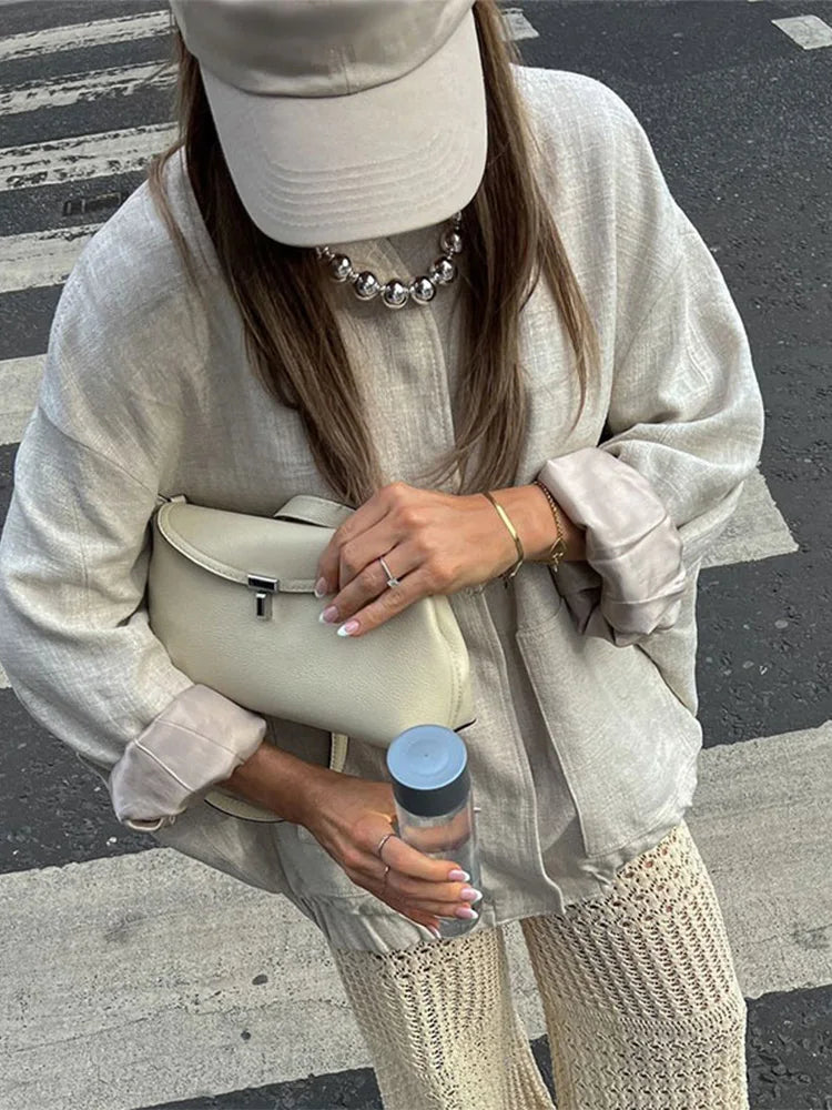 MQTIME - Autumn Elegant Linen Solid Loose Stand Collar Buckle Jacket 2024 Women's Long Sleeves Coat Office Lady Streetwear Jacket