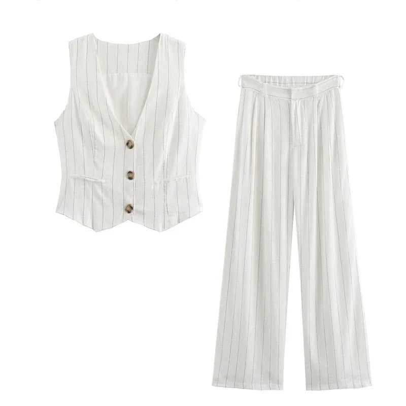 MQTIME - Elegant Striped Pants Set Women 2 Piece V-neck Sleeveless Single Breasted Top Wide Leg Trousers Sets 2024 Summer Nes Lady Outfit