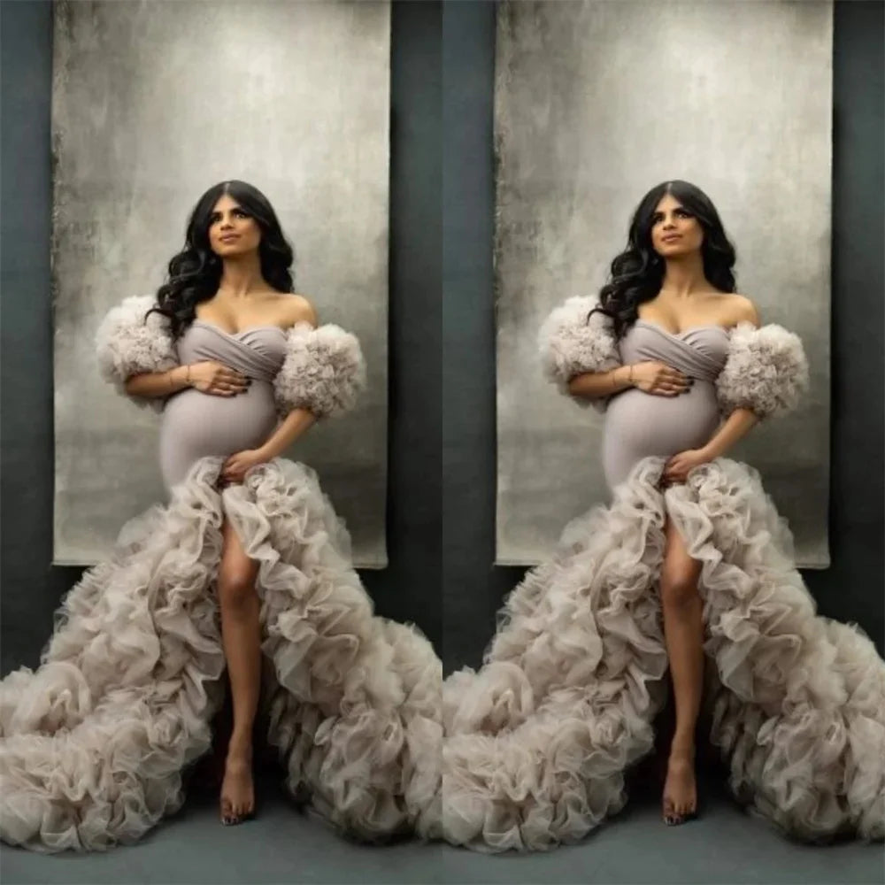 MQTIME - High Slit Prom Dresses Ruffles Maternity Robes for Photo Shoot Female Pregnant Mermaid Evening Gowns Customise