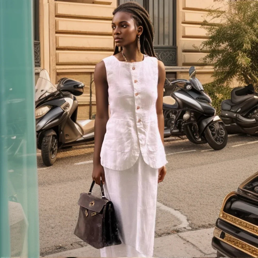 MQTIME - Women Vintage Buttons Vest Set Fashion Sleeveless Square Collar Waistcoat Blouse White High Waisted Skirt Commuting Work Clothes
