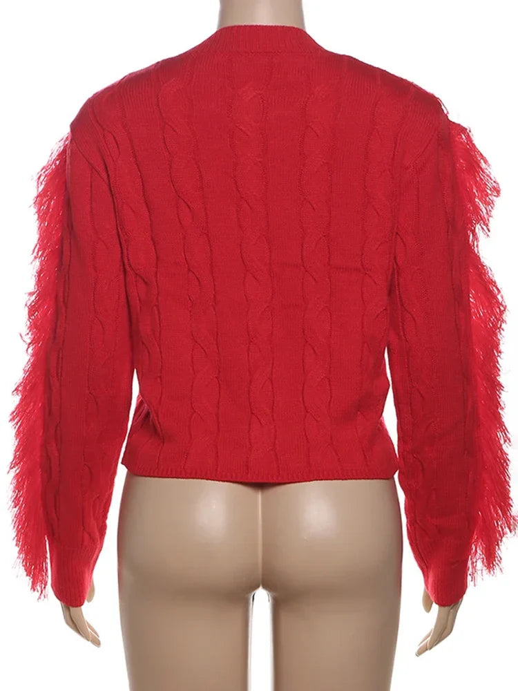 MQTIME - Tassel Long Sleeve Sweater For Women's 2024 Winter Slim O Neck Short Pullover Autumn Street Red Trendy Slim Knit Sweater