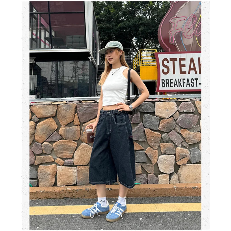 nvxiot - Women's Shorts Summer Dark Blue High Waist Jeans Y2K Straight Knee Length Pants Classic Streetwear Vintage Wide Leg Denim Shorts