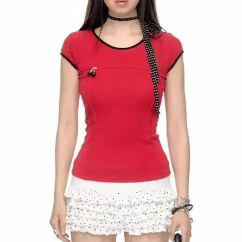 MQTIME - Cherry Pendant Bodycon Skinny Crop Top Short Sleeve T-Shirt TShirt Cropped harajuku fairycore 2000s y2k grunge korean cloth cute