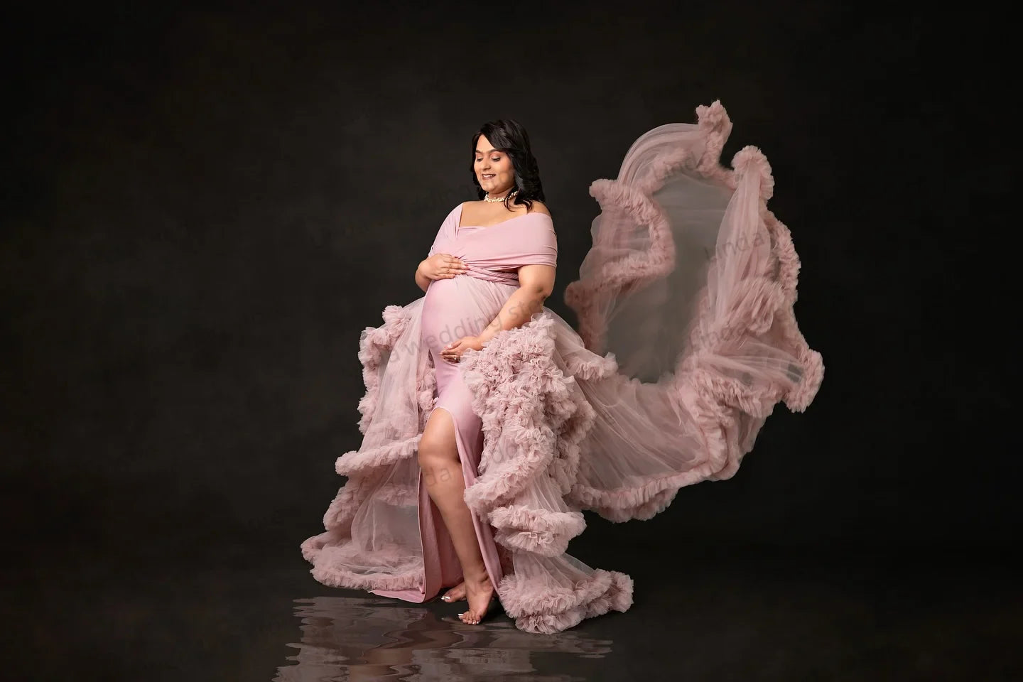 nvxiot - Dusty Pink Maternity Dresses for Babyshower Elegnat Off The Shoulder Ruffles Vestidos For Pregnant Woman Slit Photoshoot Props