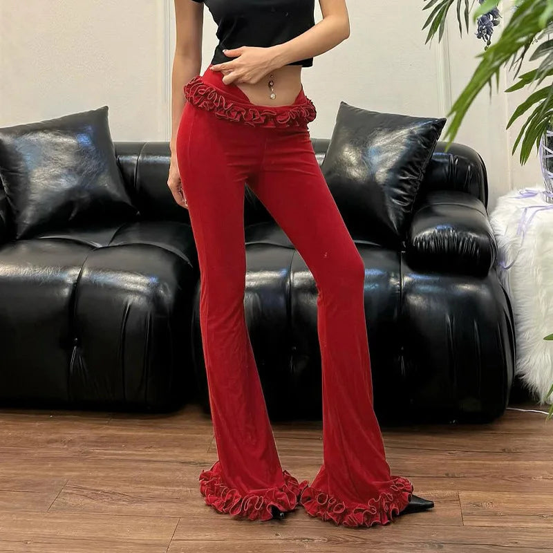 nvxiot - Women Ruffles Slim Flare Pants Elastic Waist Fashion All Match Boot Cut Trousers Summer Casual Streetwear Bottoms