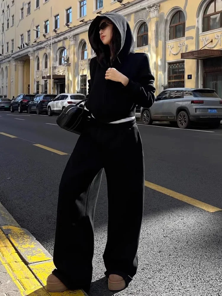 MQTIME - American Casual Sportswear Set, Women'S Autumn And Winter Gray Student Hoodie, Wide Leg Pants Two-Piece Set
