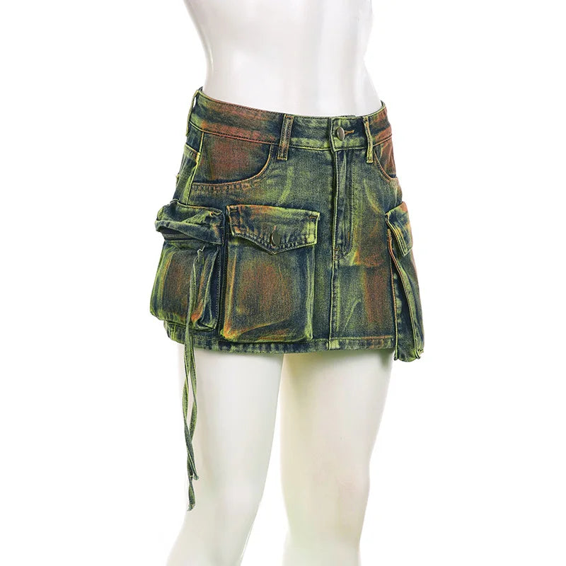 nvxiot - Vintage Tie Dye Print Cargo Mini Denim Skirts Women Fashion Multi Pocket Mid Waist Button Fly Casual Jeans Bottom Y2K Streetwear