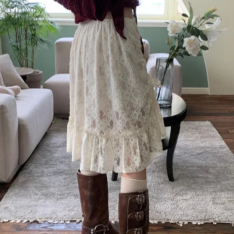 MQTIME - Y2K Beige Fairycore Asymmetrical Lace Trim Shirring Skirts Tie Bow Women @E-girl 2000s Grunge Aesthetics Korean Cloth Harajuku