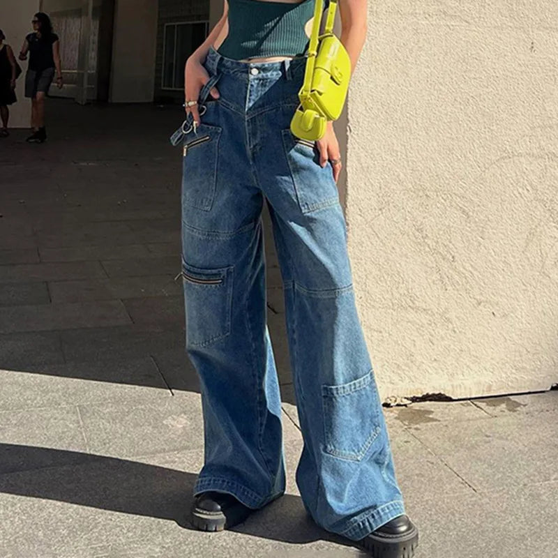 nvxiot - Women's Multi-pocket Distressed Jeans Female Long Pants Straight Wide-leg Zipper Streamer denim trouser Spring New Fashion 2024