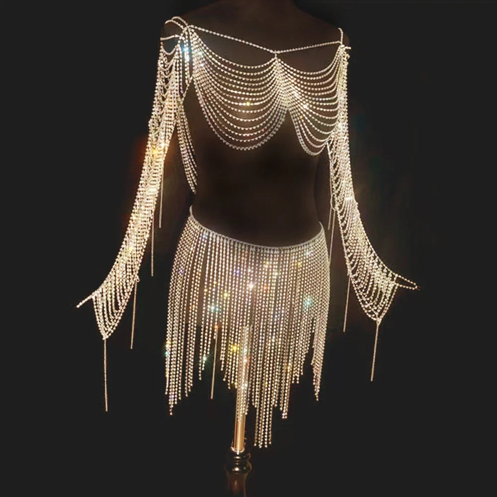nvxiot - Sexy Luxury Maternity Photography Props Dresses Shiny Body Chain Rhinestone Tassel Skirt Photography Studio Accessories