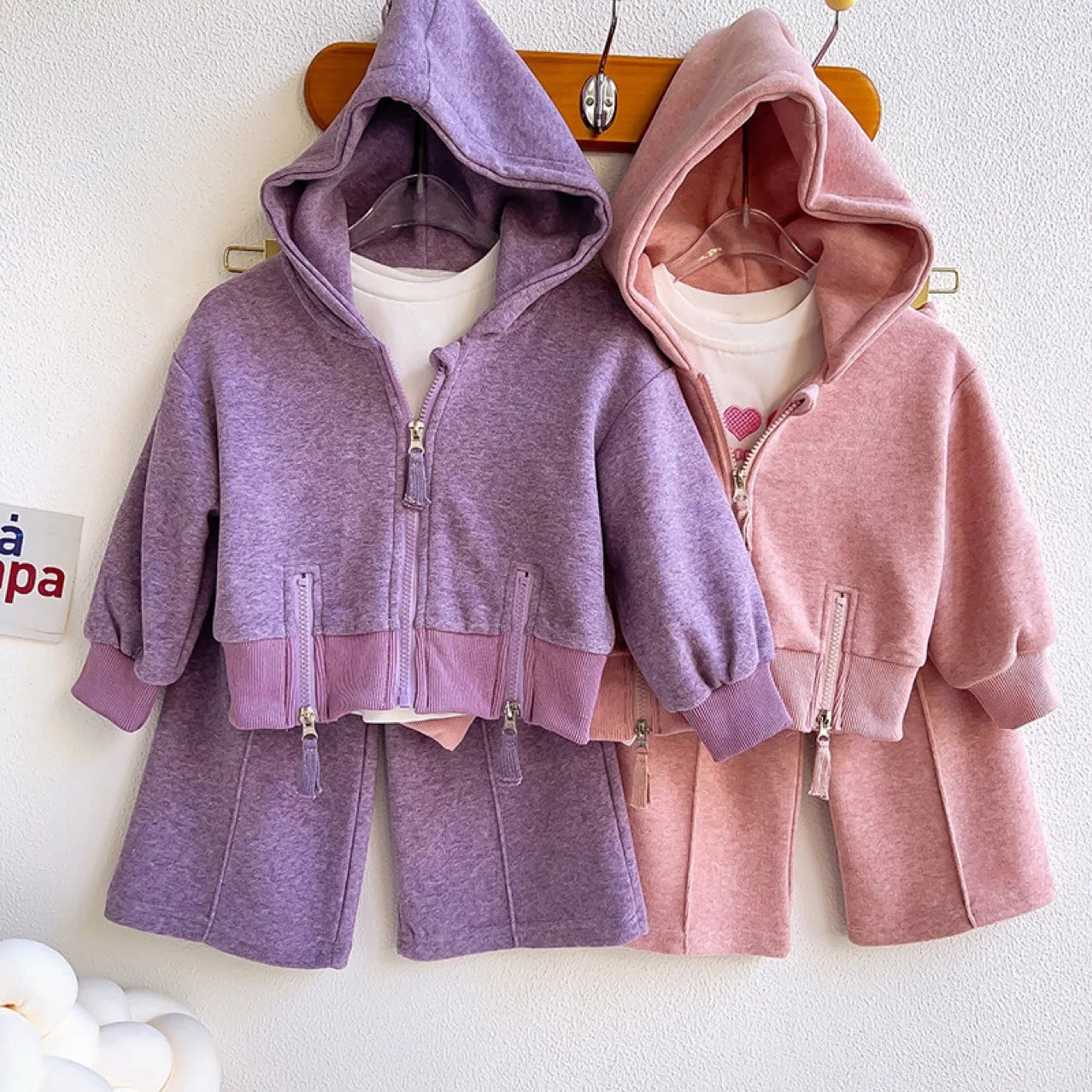 MQTIME - Spring Autumn Children Girl 2PCS Clothes Set Cotton Zipper Hooded Outwear Coat Solid Flared Pant Baby Girl Suit Kid Girl Outfits