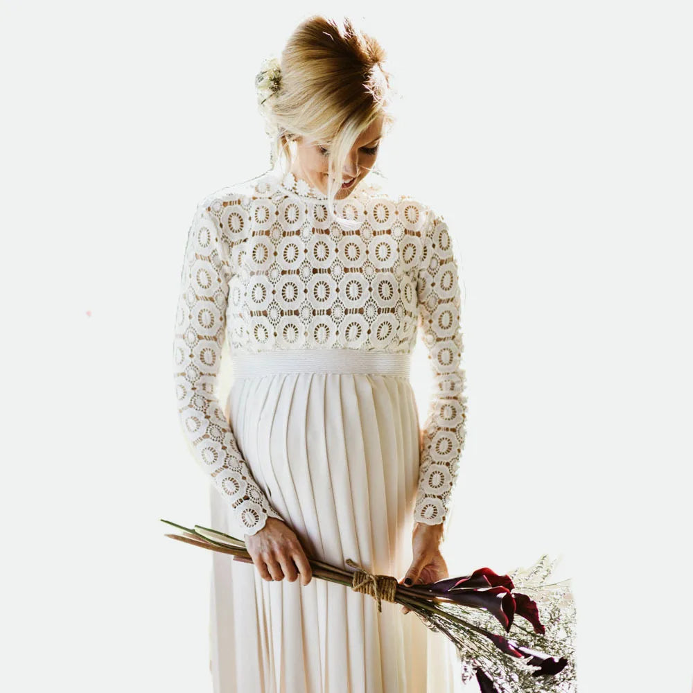MQTIME - Lace Long Maternity Shoot Dress Pleated Pregnancy Photography Dresses Split Side Maxi Maternity Gown Photo Prop Pregnant Women