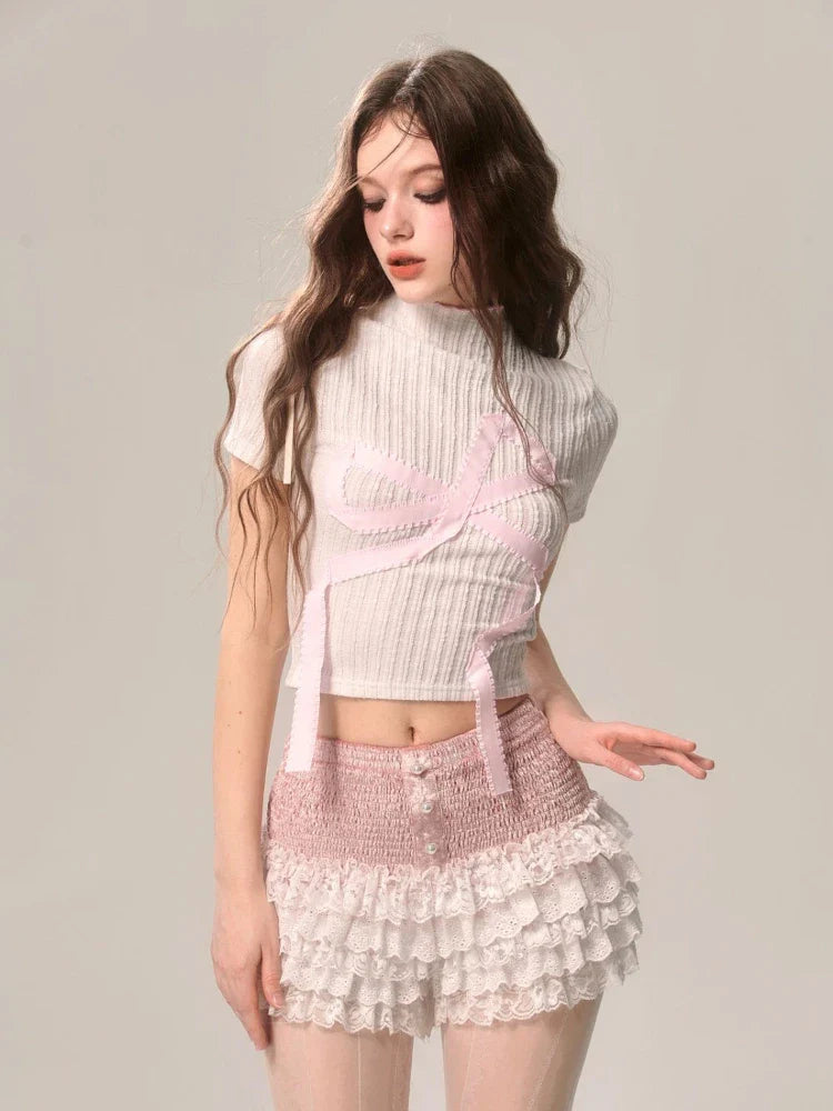 MQTIME - Pink Pearl Ruffles Shorts Skirts Women Kawaii A-line Shorts with Lace Ballet Cutecore Summer Sweet Girl Elastic Bottoms
