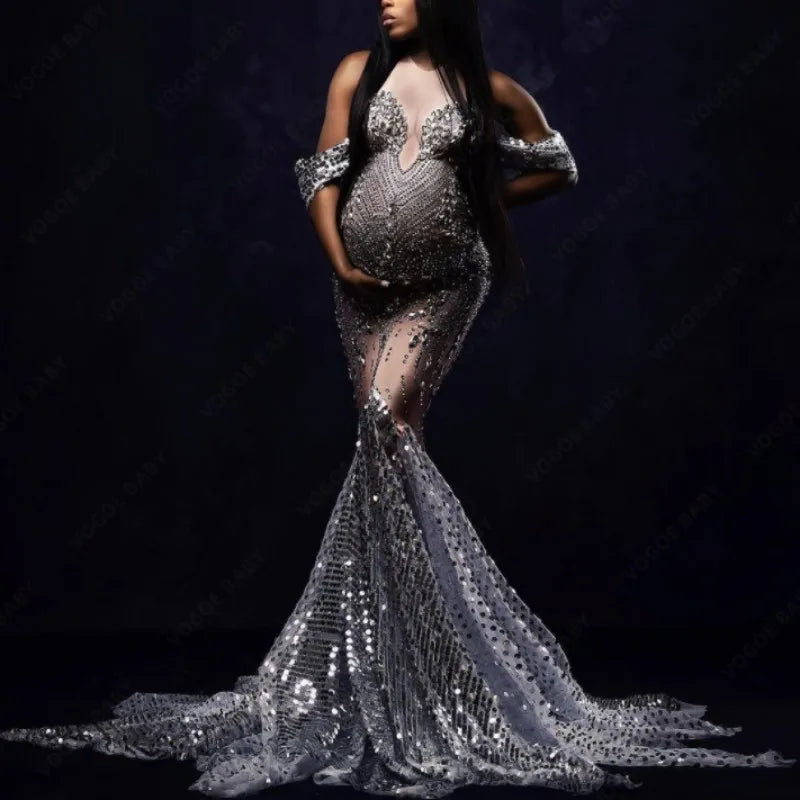 nvxiot - Sequin Maternity Photography Dress Glittering Rhinestones Dress Maternity Baby Shower Robe Pregnant Wedding Dress Photo Shoot