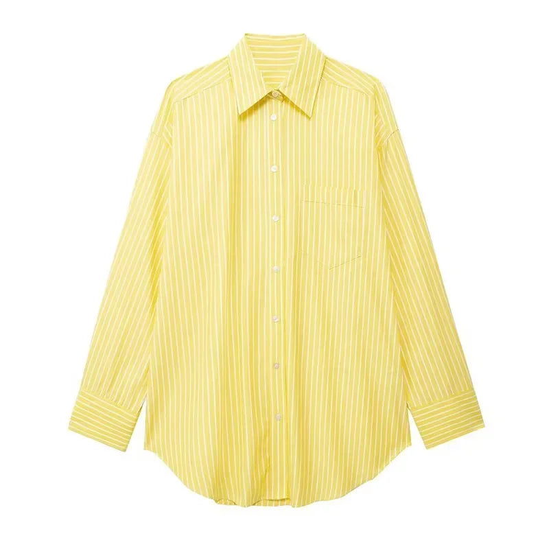 MQTIME - Casual Striped Shirt Pants Sets For Women 2 Pieces Loose Lapel Long Sleeve Single Breasted Top Drawstring Wide Leg Trousers Suit