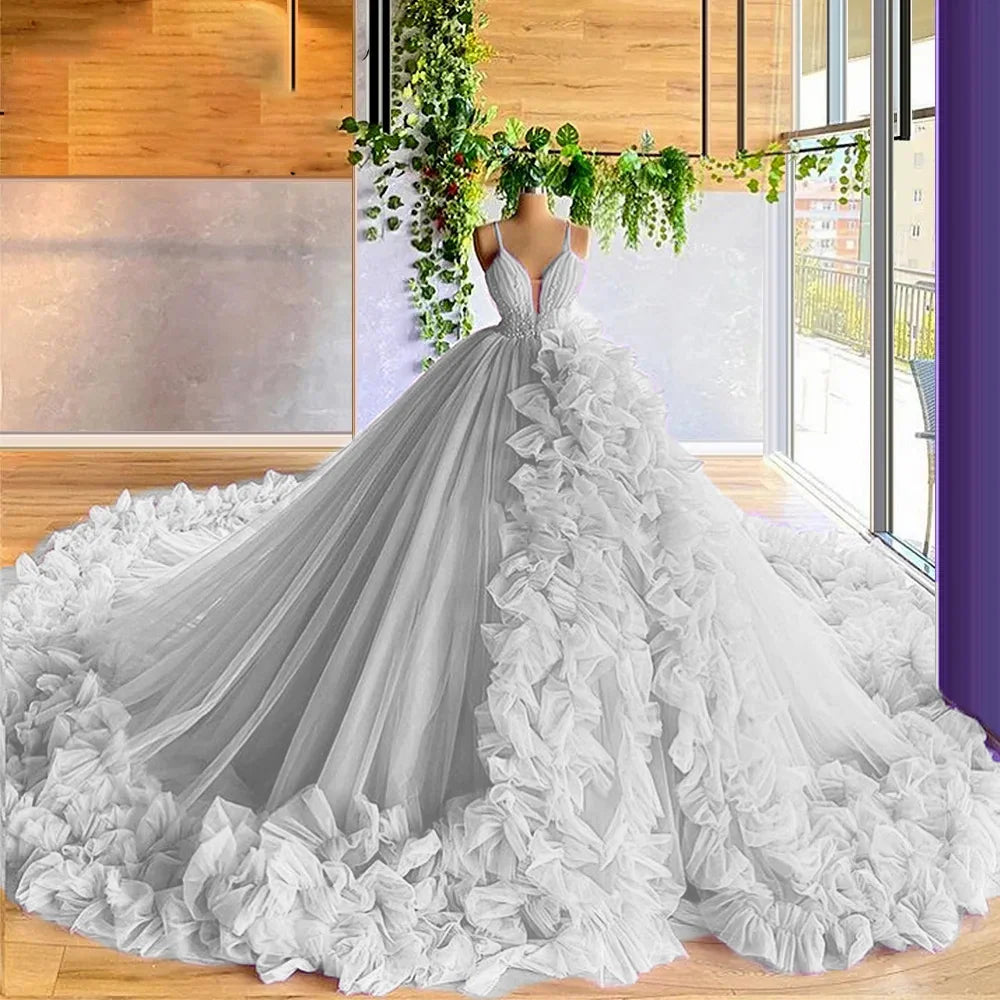 nvxiot - Ruffles Women Tulle Formal Party Gowns V Neck Long Evening Dresses 2024 Puffy Ball Gown Maternity Photo Dress