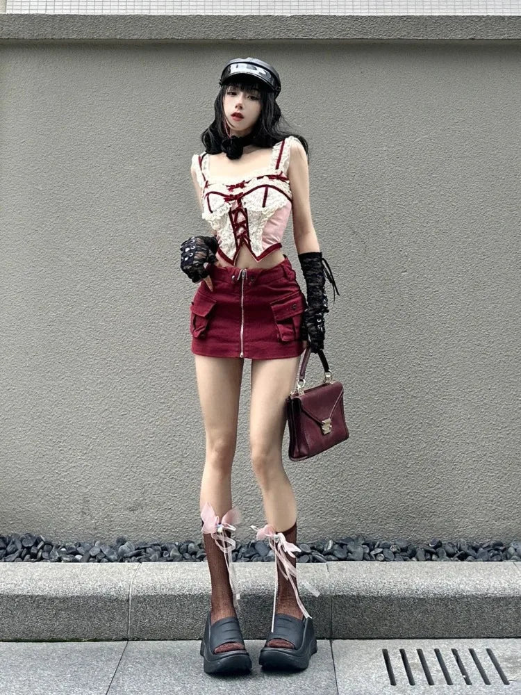 MQTIME - Sexy Red Zipper Mini Skirt Hotsweet High Street Pocket Cargo Skirt Korean Style Design High Waist Slim Skirts for Women