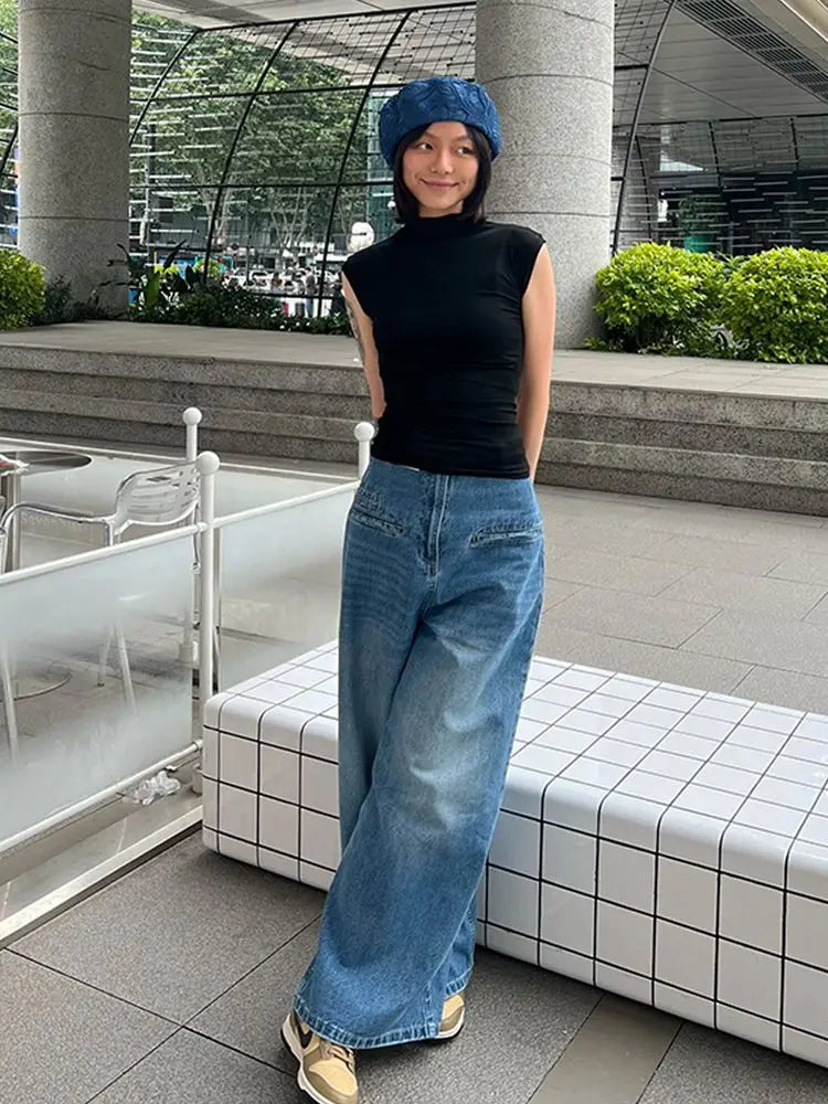 nvxiot - Womens Jeans High Waisted Boyfriend Baggy Loose Wide Straight Leg Casual Blue Denim Pant @ harajuku streetwear y2k korean cloth