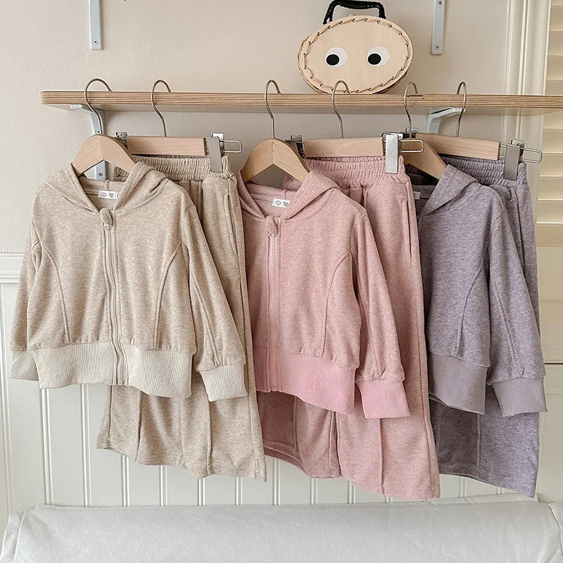 MQTIME - Girls 2 Piece Clothes Set Cotton Baby Girl Hooded Elastic Hem Coat Kid Girl Solid Wide Leg Pant Outfit Children Girl Suit