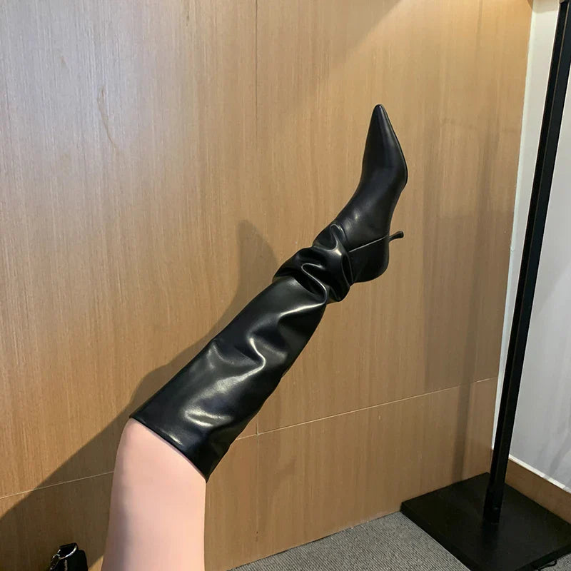 MQTIME - new Autumn Women knee high boots natural leather 22-25cm cowhide+pigskin modern boots pointed toe Retro Elastic boots