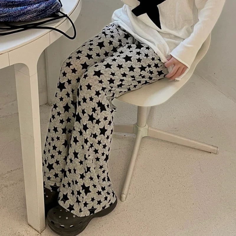 nvxiot - Star Print Flared Pants Women New Fashion Loose Drape High Waist Casual Pants American Retro Trend Striped Wide leg Pants