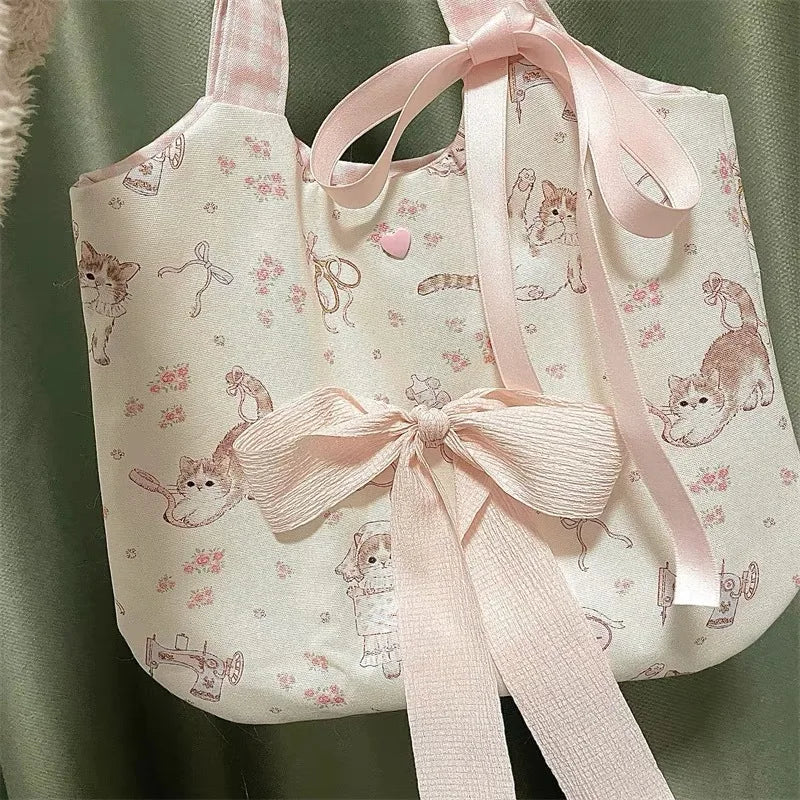 MQTIME - Sweet Cat Floral Print Student Handbag Lovely Girl Tote Bag Large Capacity Big Square Shoulder Bag Handbags