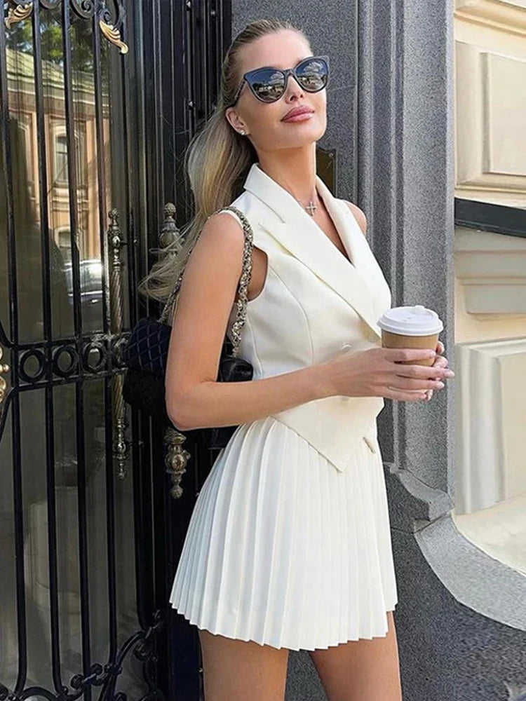 MQTIME - Pleated Skirt Suit Women Lapel Double-breasted Slim Top Vest Mini Skirts 2024 Summer Elegant Female Office Lady 2 Piece Set