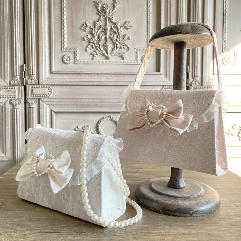 nvxiot - Lace Elegant Shoulder Bag for Women White Bow Cute Pearl Lolita Jk Handbag Original Exquisite Literary Fashion Armpit Bag