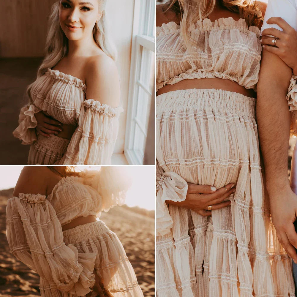 nvxiot - Maternity Gown For Photo Shoot Pleated Chiffon Sexy Off Shoulder Top Ruffled Split Dress Photo Shoot Photography Dress For Women