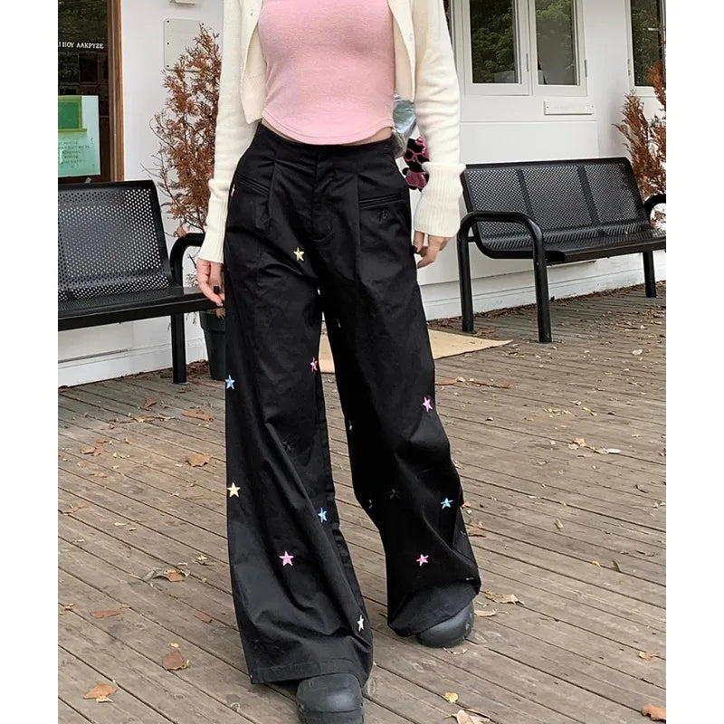 nvxiot Vintage Star Embroidery Casual Y2K Black Cargo Pants Women Autumn New High Waist Drawstring Loose All Match Wide Leg Pants