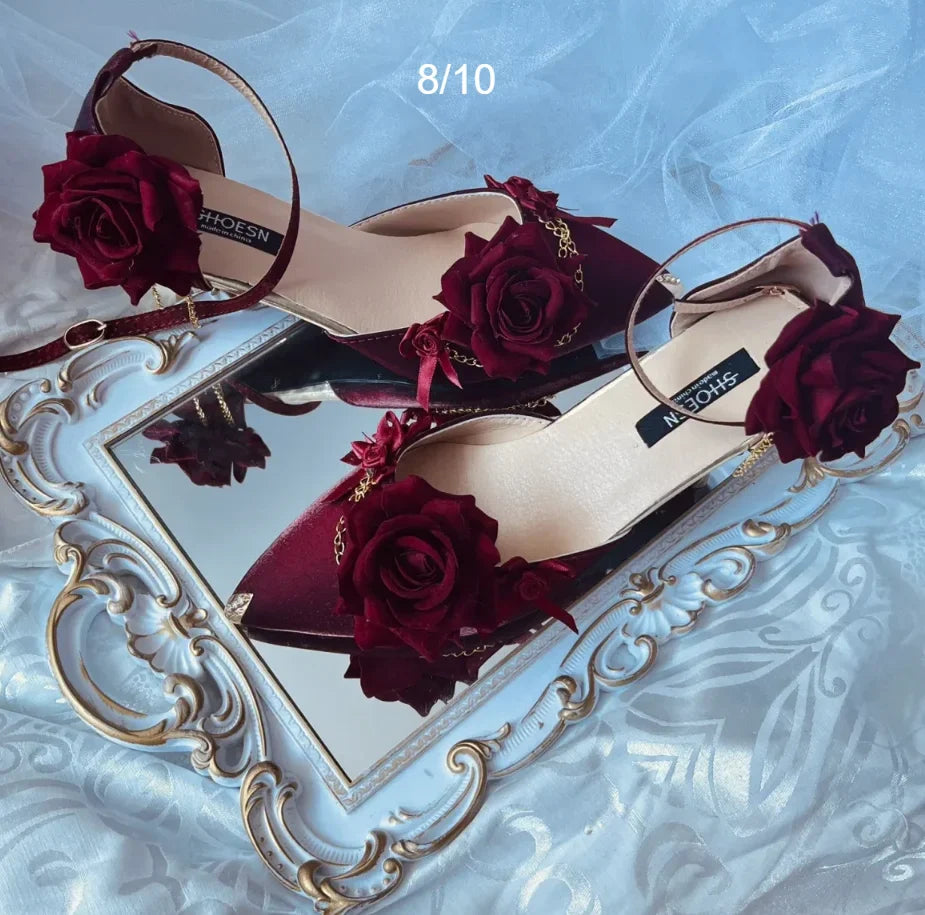 MQTIME - Black Red Gothic Lolita Shoe Wedding Lolita High Heels For Ladies Rose pointed toe dress shoes for womenluxury shoes sss grade