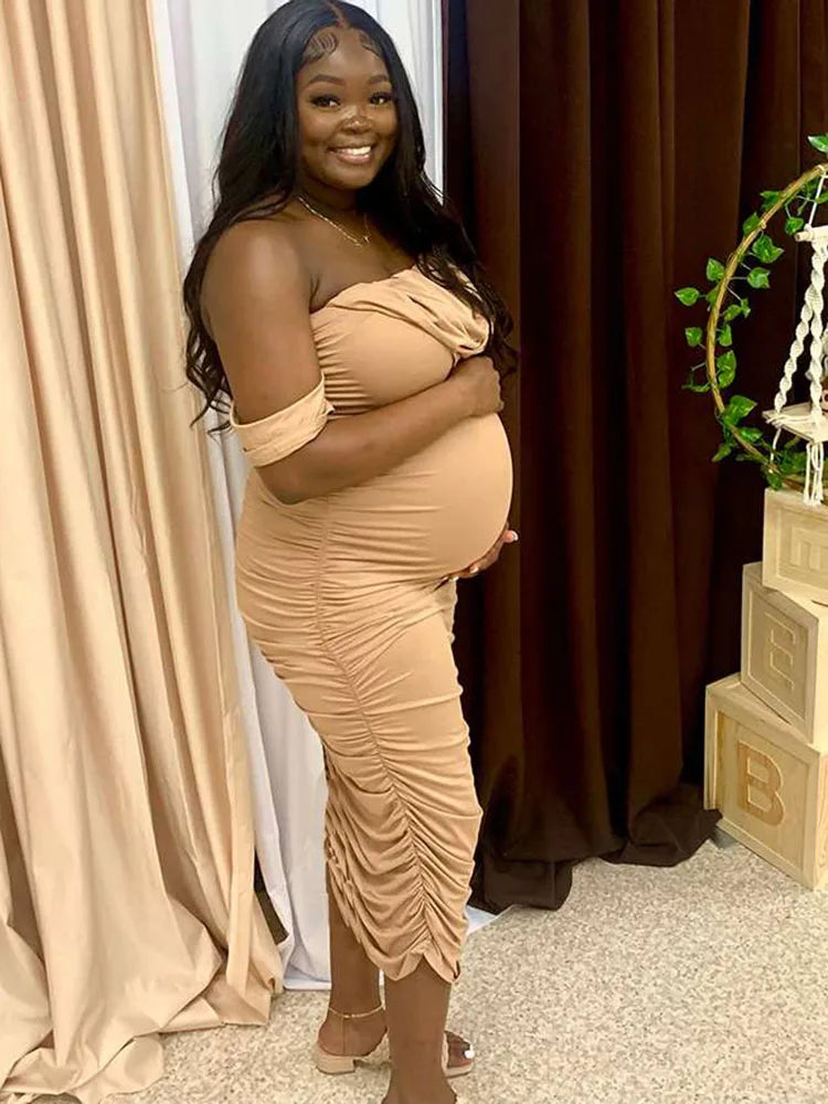 MQTIME - Khaki Ruched Off Shoulder Belly Friendly Baby Shower Pregnant Pregnancy Photoshoot Club Party Tube Bodycon Maternity Midi Dress