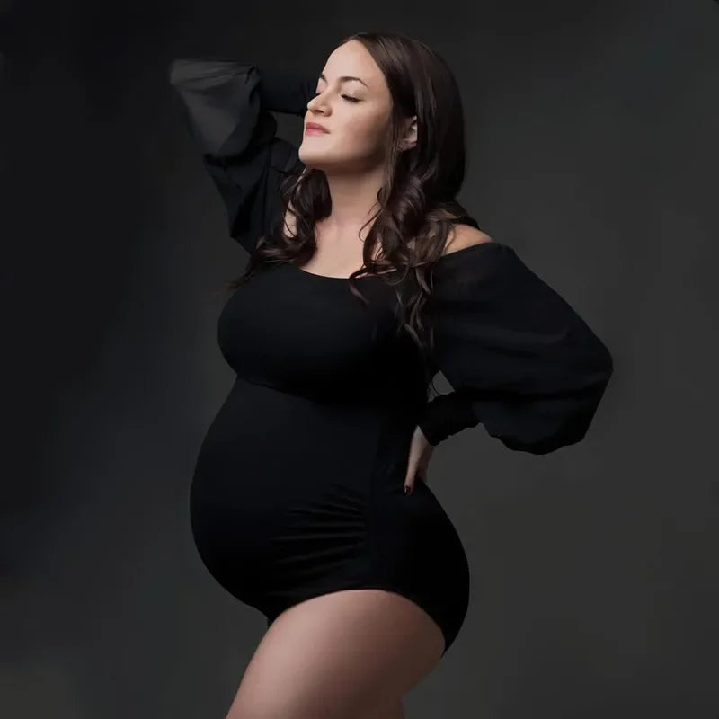 nvxiot - White Stretchy Pregnant Woman Jumpsuit Sexy Slash Neck Chiffon Sleeve Maternity Bodysuit For Photo Shooting Clothes