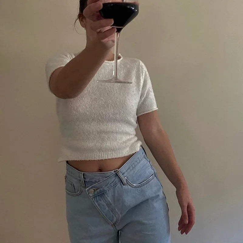 MQTIME - summer new sexy open waist hollow strap slim round neck short-sleeved knitted top T-shirt graphic tees aesthetic clothes