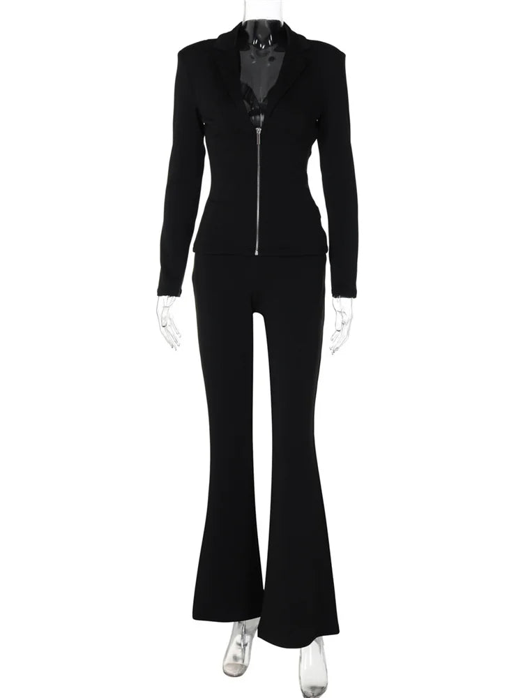 nvxiot - Fall Outfits 2024 Black Slim 2 Piece-Set Straight Legg Female Zipper V-Neck Coat And High Waist Patchwork Skinny Clothes Women's Outfits New
