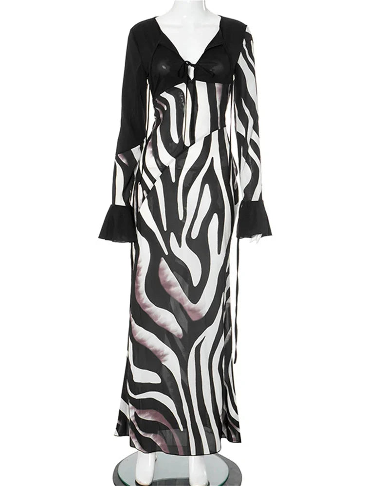nvxiot - Fall Outfits 2024 Striped Printed Mesh Long Dress For Women See-Through V-Neck Patchwork Contrast High Waist Dress Female Lace-Up Maxi Dress