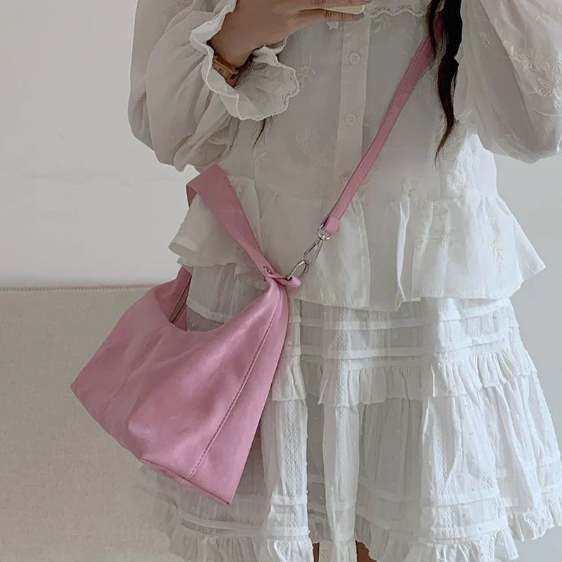 nvxiot - Elegant Pink Shoulder Bag for Women Luxury Designer Soft Fashion Handbag Exquisite Literary Solid Color Female Armpit Bag