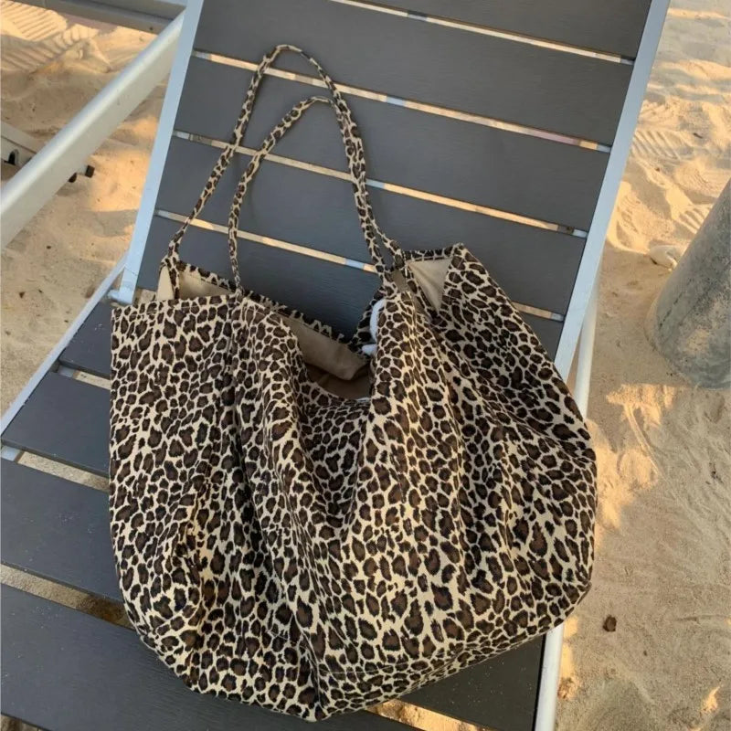 MQTIME - Vintage Leopard Print Tote Bag Handbag Women Retro Large Capacity Casual Shoulder Bags Female Harajuku Canvas Y2k Bags