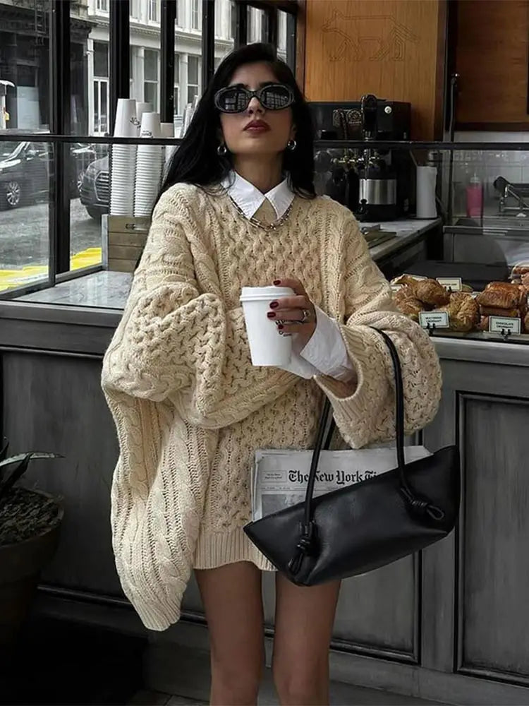 nvxiot - Women Overtised Loose Solid Long Sleeve Knit Cardigan Elegant O Neck Short Sweaters 2024 Autumn Lady High Streetwear